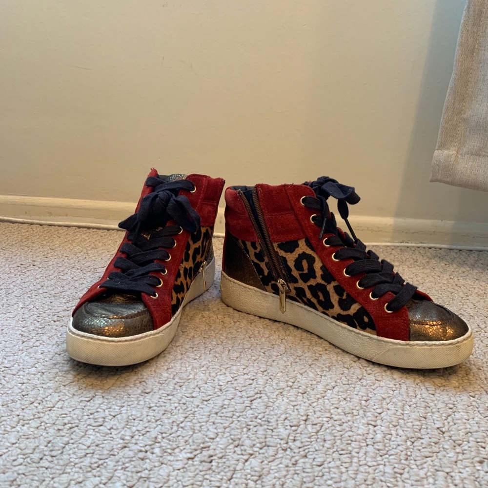 Sam Edelman 7.5 leopard and red suede high tops